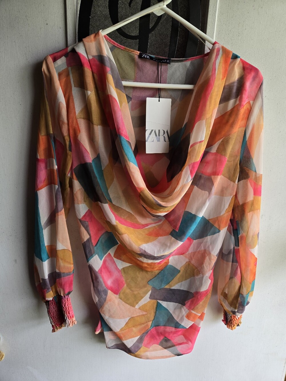 ZARA Multicolor Cowl-Neck Sheer Blouse with Abstract Blocks NWT